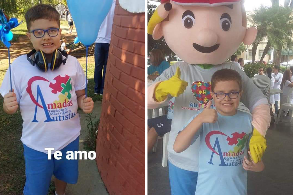 Duas fotos de Nicolas em momentos diferentes, ao ar livre, utilizando camiseta com o logotipo da associação AMADAS